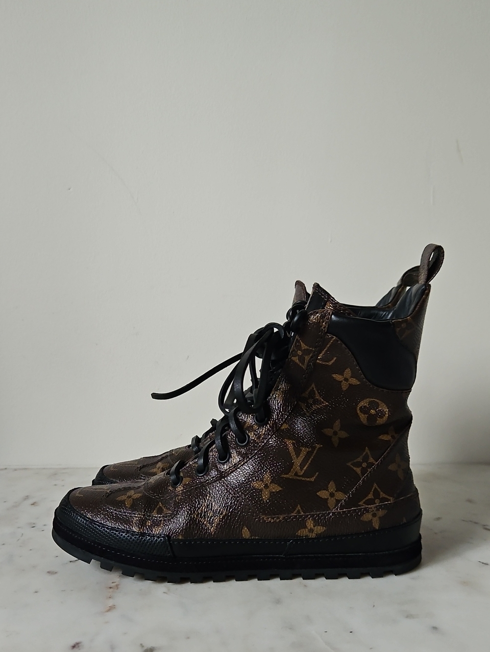 LOUIS VUITTON: Signature Monogram Brown Combat Boots